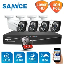 SANNCE 4CH XPOE 1080P NVR CCTV комплекты видеонаблюдения 4 шт. 2MP 1920*1080 Всепогодная Внутренняя/наружная ip-камера безопасности 1 ТБ HDD