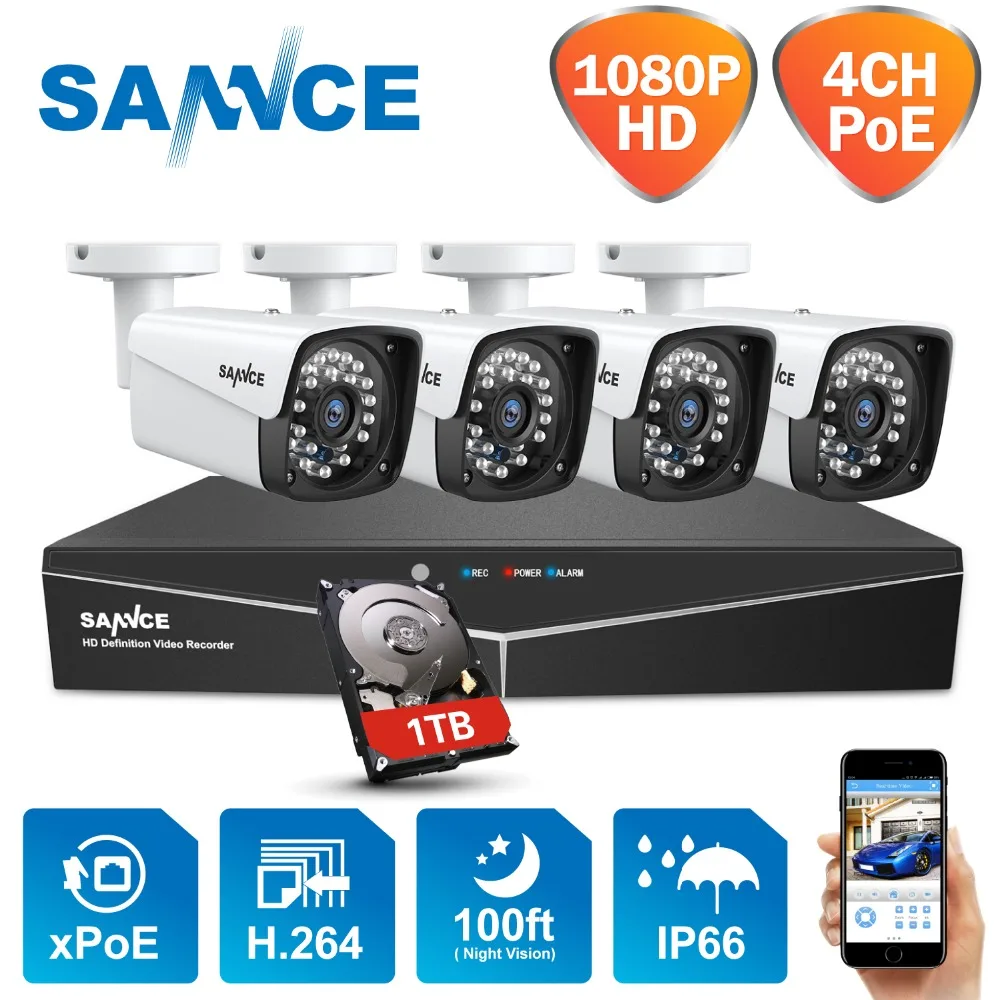US $158.08 SANNCE 4CH XPOE 1080P NVR CCTV Video Surveillance Kits 4PCS 2MP 19201080 Weatherproof IndoorOutdoor Security IP camera 1TB HDD