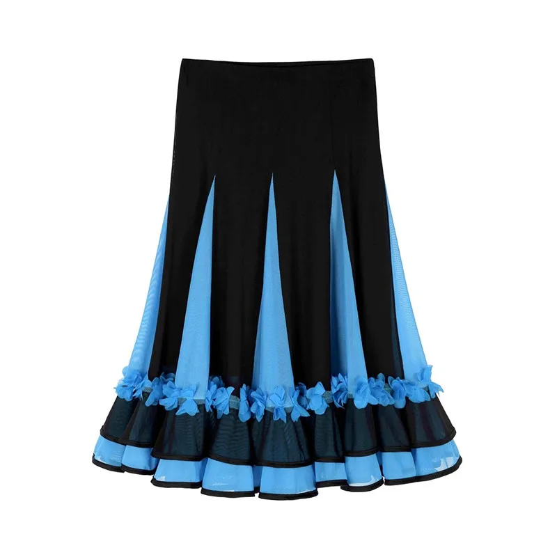Женская элегантная юбка для латинских танцев с высокой талией 3D Искусственные цветы цвета с сетчатыми вставками Пышная юбка бальное платье, для вальса танцевальная одежда для вечеринки
