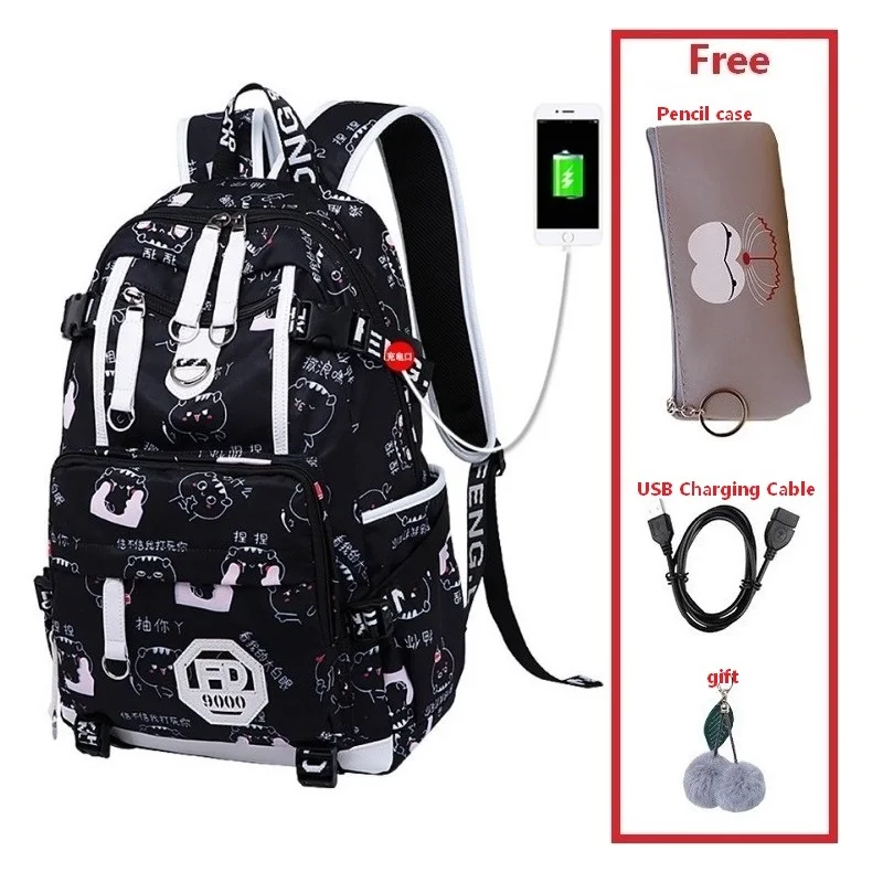 Рюкзак с USB зарядным устройством для женщин, школьная сумка для девочек, сумка через плечо, рюкзак с принтом, водонепроницаемый ранец, школьные сумки для девочек-подростков - Цвет: Set 7