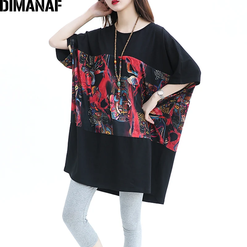 DIMANAF Women Plus Size T-Shirt Cotton Summer O-Neck Pattern Batwing Sleeve Print Patchwork Female Casual Oversize Loose T-Shirt