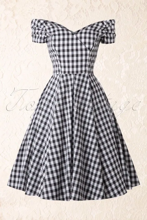 30-летние женские винтажные 50s gingham с открытыми плечами лодочкой шеи свинг-платье рокабилли pinup vestidos размера плюс платья jurken robe