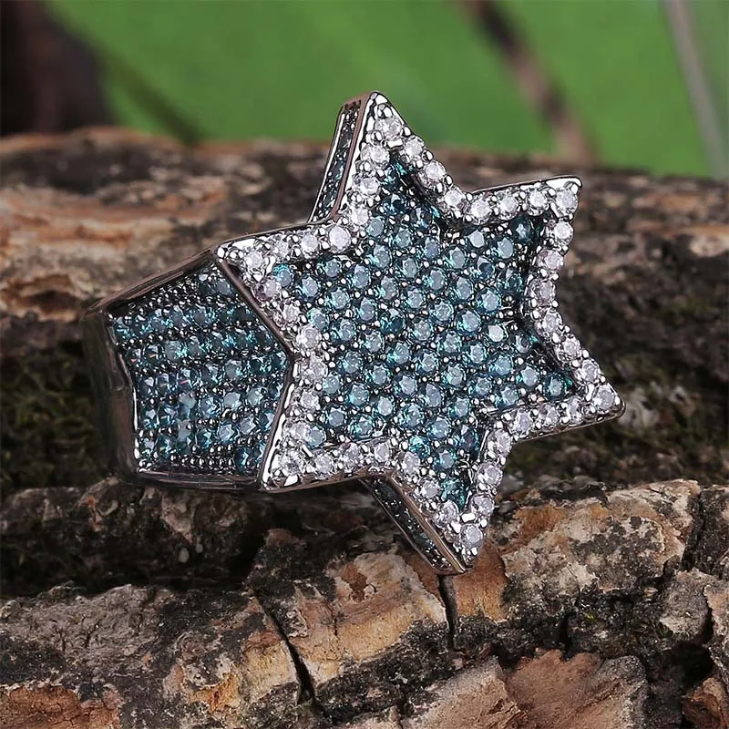 

Mint Green AAA Cubic Zirconia Bling Ice Out Jewish Star of David Hexagram Rings for Men Hip Hop Rapper Jewelry Gold Silver