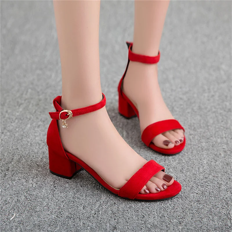

Big Size 47 Casual Woman Sandals Flock 5cm Medium High Square Block Heel Open Toe Ankle Strap Red Blue Party Office Lady Sandals