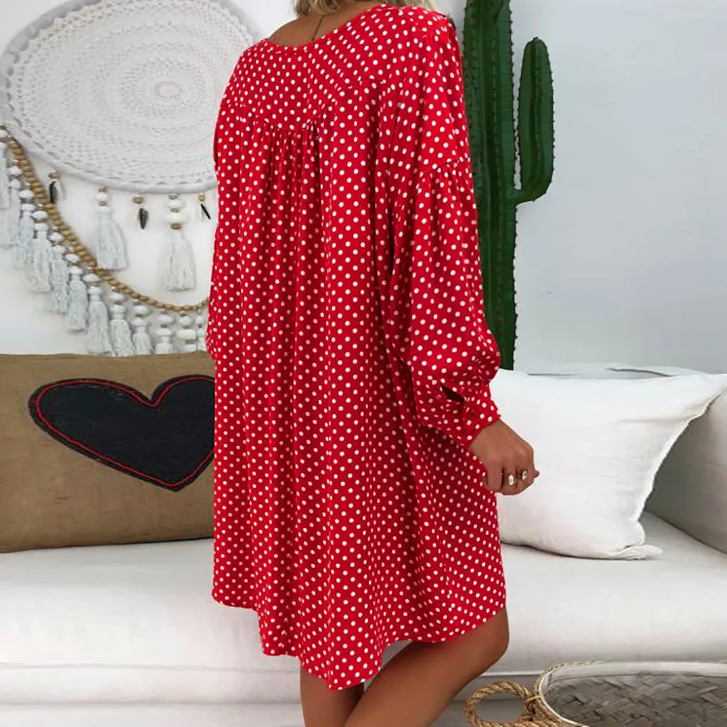 Women Size Loose Polka Dot Long Sleeve V-neck Mini Length Dress plus size dresses for women Dress sukienka robe party dress