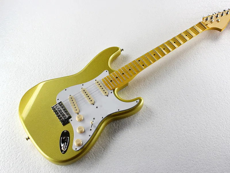 Factory custom golden body electric guitar with scalloped neck,3 pickups,white pickguard,chrome hardware,can be customized