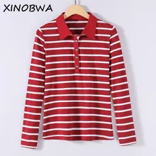 Новинка г. осенние Для женщин высокой моды свободные отложным воротником футболка в полоску с длинными рукавами Топы женские Повседневное Большие футболки