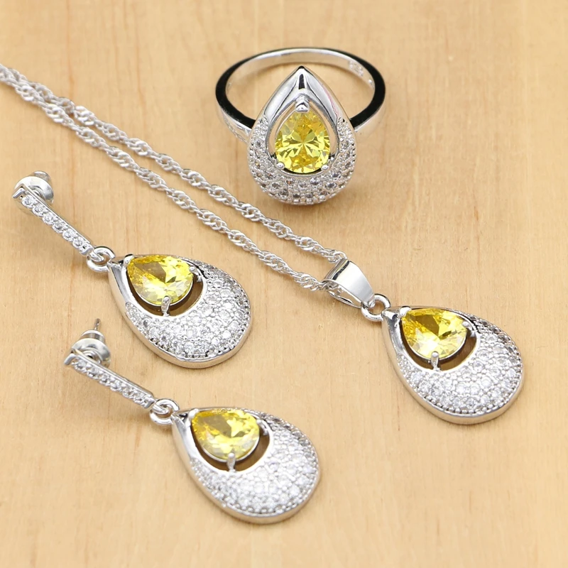 Silver 925 Costume Jewelry Sets Natural Light Yellow Zircon For Women Bride EarringsPendantRingNecklace Set Dropshipping (2)
