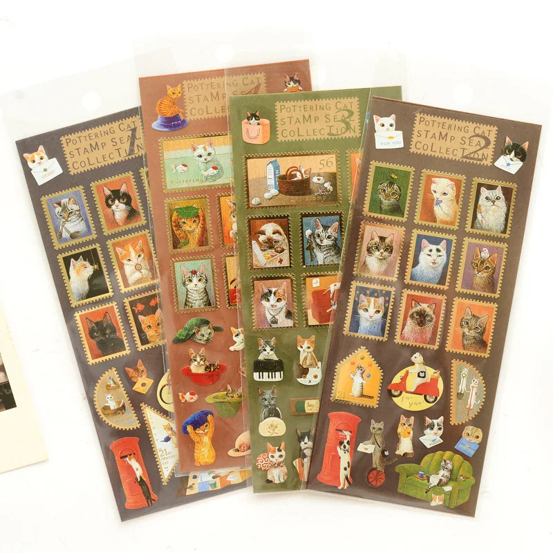 

Japanese Style Cute Cat Family Bronzing Stamp Style Decorative Stickers Adhesive Stickers Scrapbooking DIY Diary Stickers