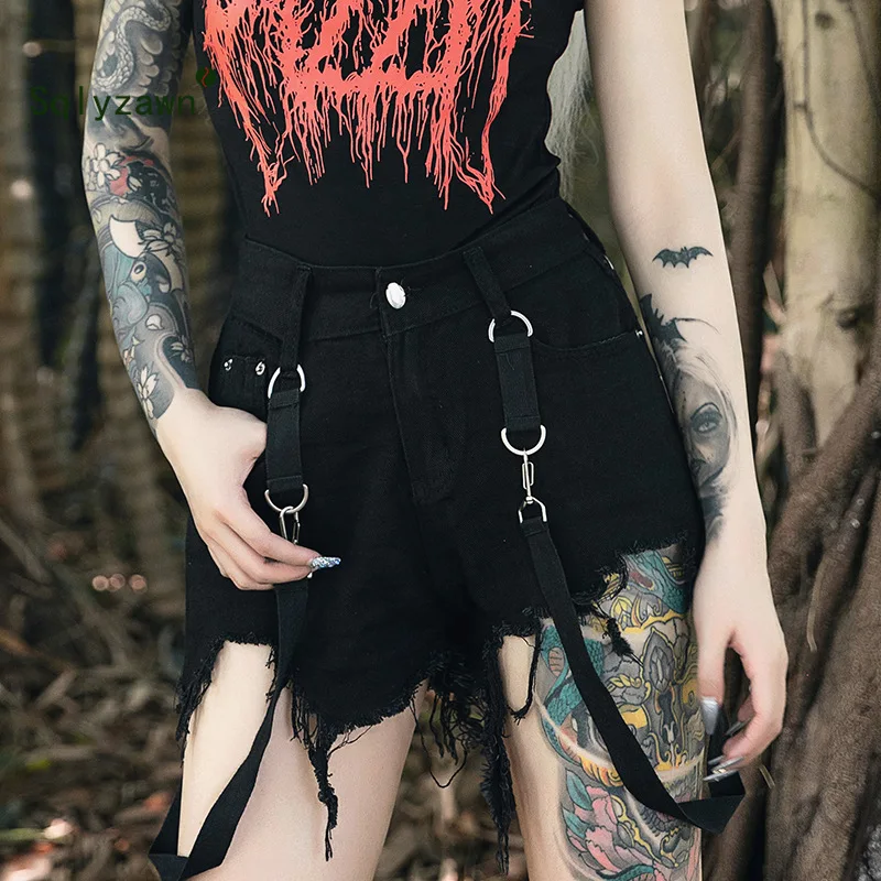 

Gothic Summer Denim Tassel Shorts Women Sexy Hole Wide Leg Short Feminino Streetwear Chain Zipper Pockets High Waist Short Pants