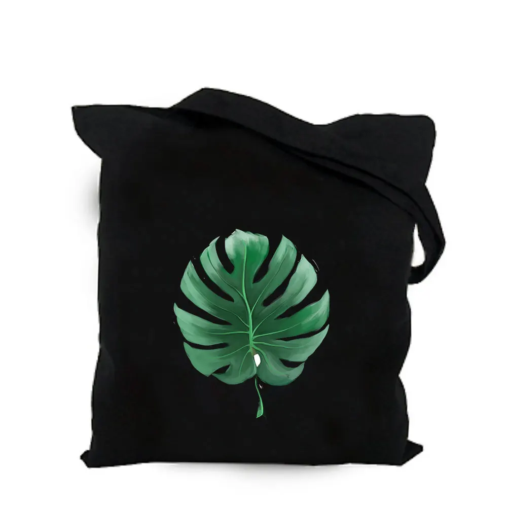 2019 green plant leaf black cotton canvas bag customized eco girl tote bag custom made shopping bags with logo for men or women  (2)