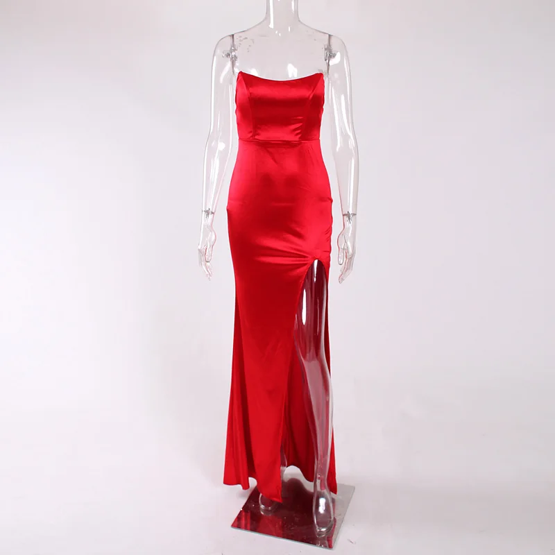 Сексуальное праздничное платье без бретелек, открытая спина, облегающее Макси-платье без рукавов, плотно блестящее красное стрейчевое Макси-платье хорошего качества - Цвет: Красный