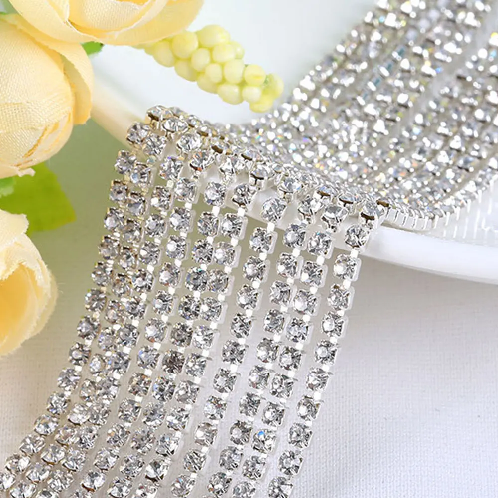 

Diamond Hotfix Rhinestone Mesh Banding Chain With Silver Base Crystal Trim Mesh For Dance Clothes Diy