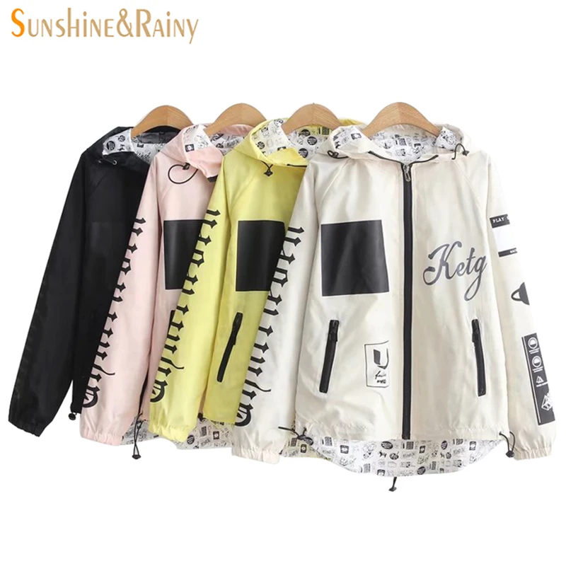 Letters Printing Jacket Spring New Female Raglan Sleeved Loose Zipper Jacket Coat Drawstring