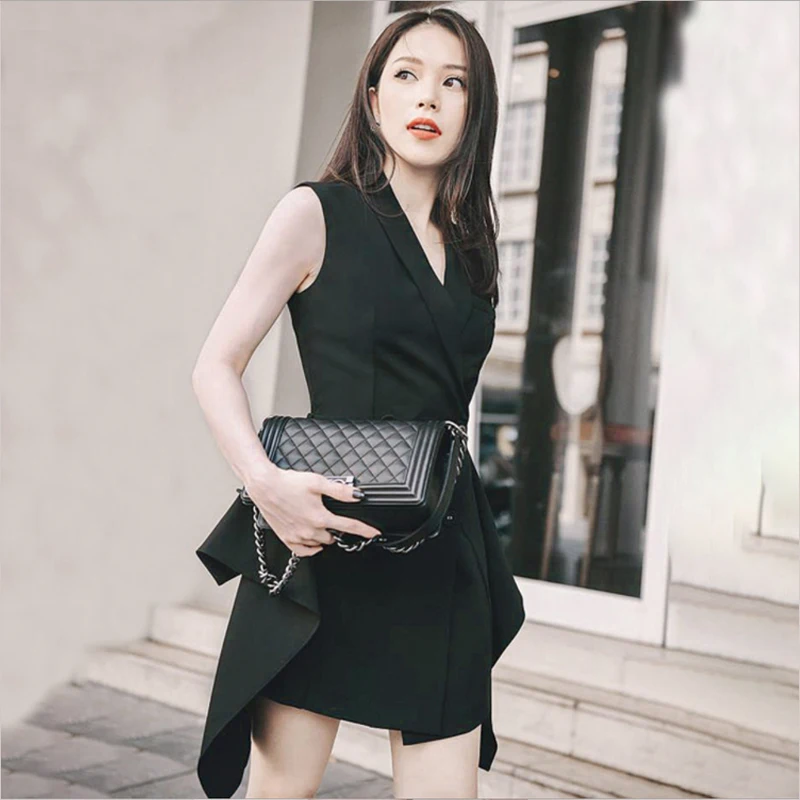 Женское Новое модное двубортное асимметричное платье с оборками офисное дамское корейское платье без рукавов с зазубренным воротником