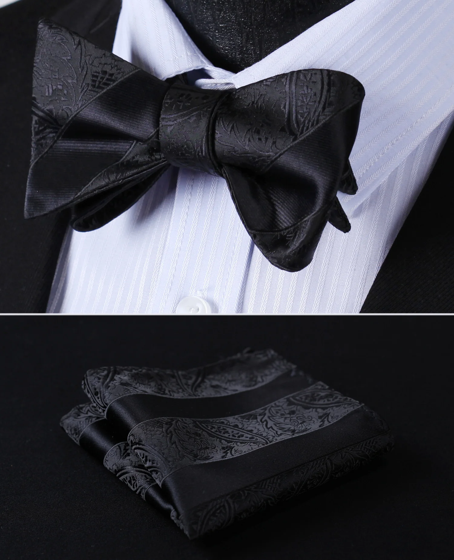 

BP804LS Black Paisley Bowtie Men Silk Self Bow Tie handkerchief set