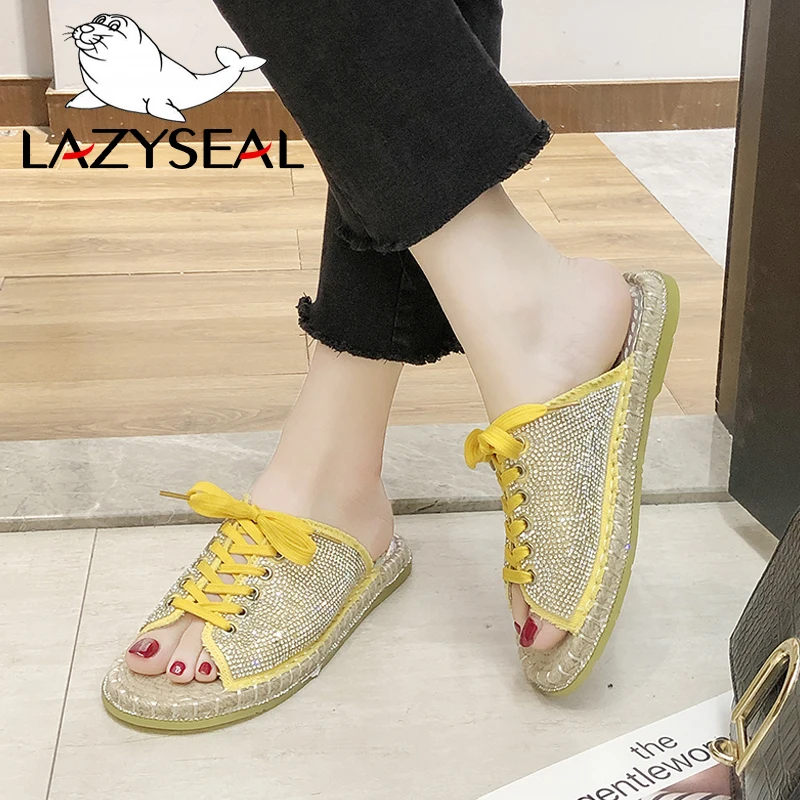 LazySeal/женские шлепанцы с кристаллами пляжные на шнуровке летние туфли плоской