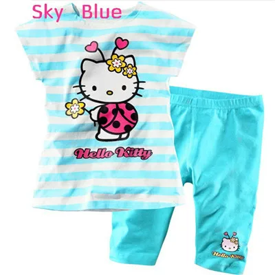 COSPOT/летний комплект одежды для маленьких девочек «hello kitty», костюм для девочек Футболка+ штаны, комплекты в полоску для девочек Одежда для маленьких девочек Новинка года,, 15 - Цвет: Небесно-голубой