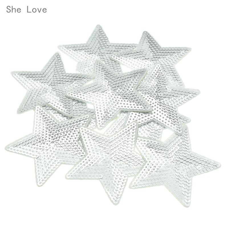 

She Love 10pcs Silver Star Sequins Iron on Applique Embroidered Patches Sew Fabric Clothes Badge DIY Apparel Accessories