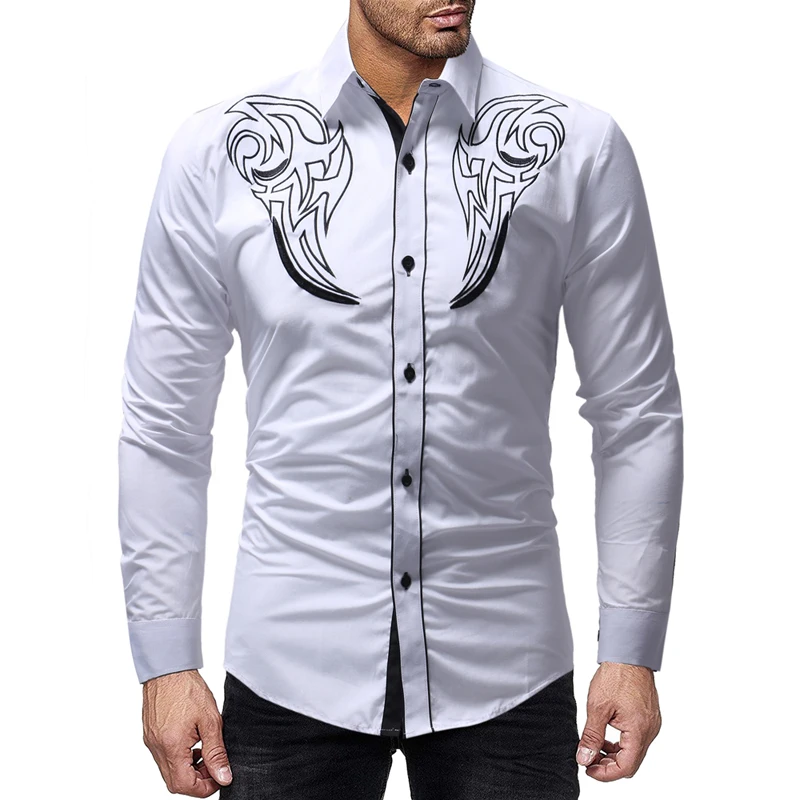 2018 Autumn New Hot Men's Shirt Totem Embroidery Men's Casual Slim Long Sleeve Shirt Solid Color Print Long Sleeve Shirt