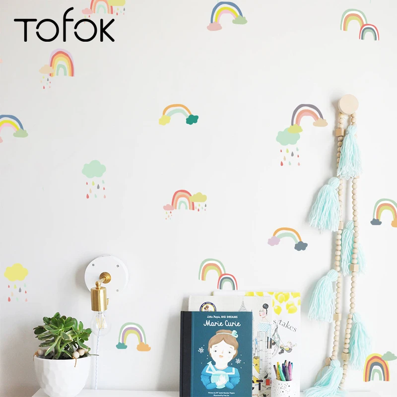 Tofok 18/24 pcs/مجموعة الكرتون قوس قزح الجدار ملصق شفاف PVC الأطفال غرفة جدارية صور مطبوعة للحوائط غرفة الطفل الديكور المورد