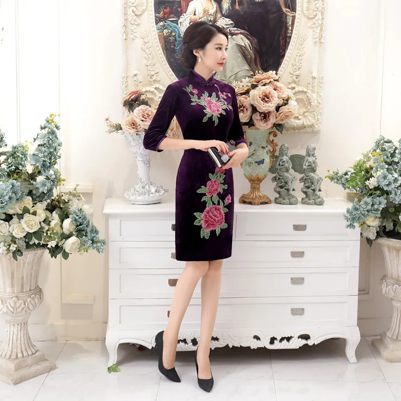 Сексуальное китайское мини-платье женские бархатные Cheongsam Размер M до 4XL