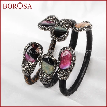 

BOROSA 5pcs real snakeskin cuff bangle, free form multi kind druzy stone bead leather bangle druzy gems jewelry for women JAB441