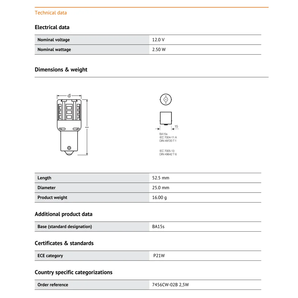 OSRAM СВЕТОДИОДНЫЙ riving Стандартный подходящий светодиодный S25 P21W 7456CW 1156 6000K холодный белый автомобильный сигнальный светильник поворота противотуманная фара лампа заднего хода(двойная