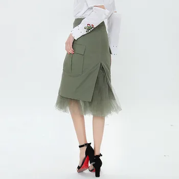 

2019 Elegant Split Mid Women Solid Mesh Skirt Spring Summer Sexy A-Line Skirt Irregular Empire Skirts