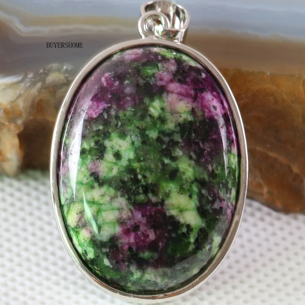 

Free Shipping Silver Color Oval Natural Stone Bead Red Zoisite Women Necklace Pendant 1Pcs K677