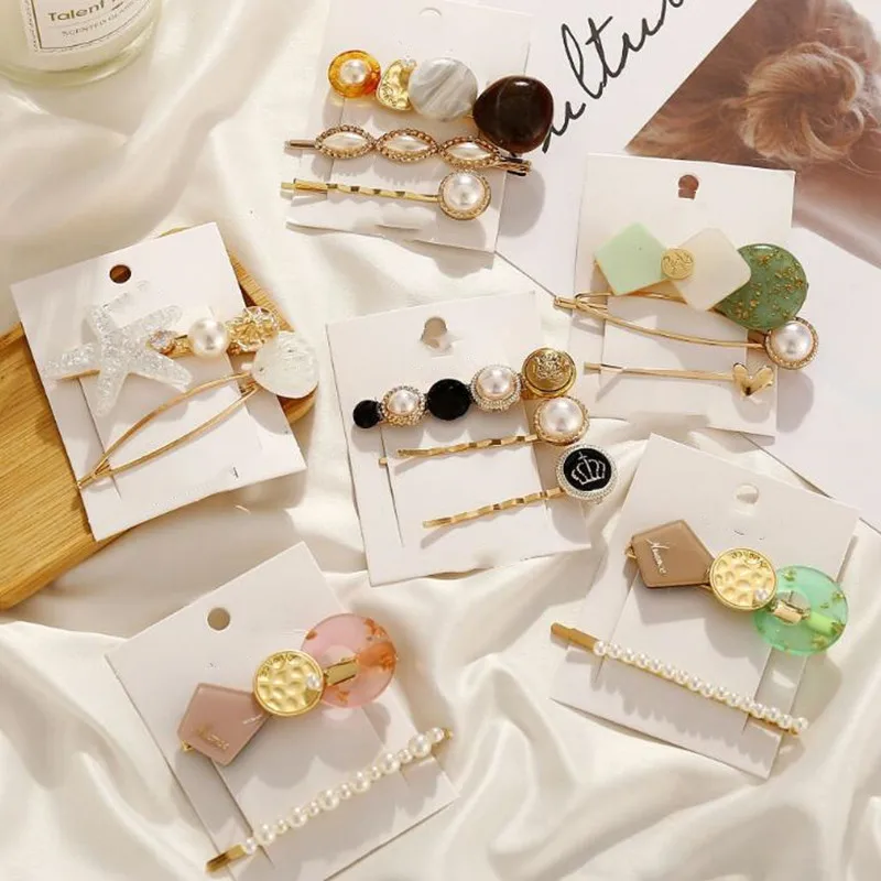

H045 Sweet Retro Starfish Shell Heart Crown Geometry Imitation Pearl Alloy Acrylic Barrettes Hair Clip Hair Accessory wholesale