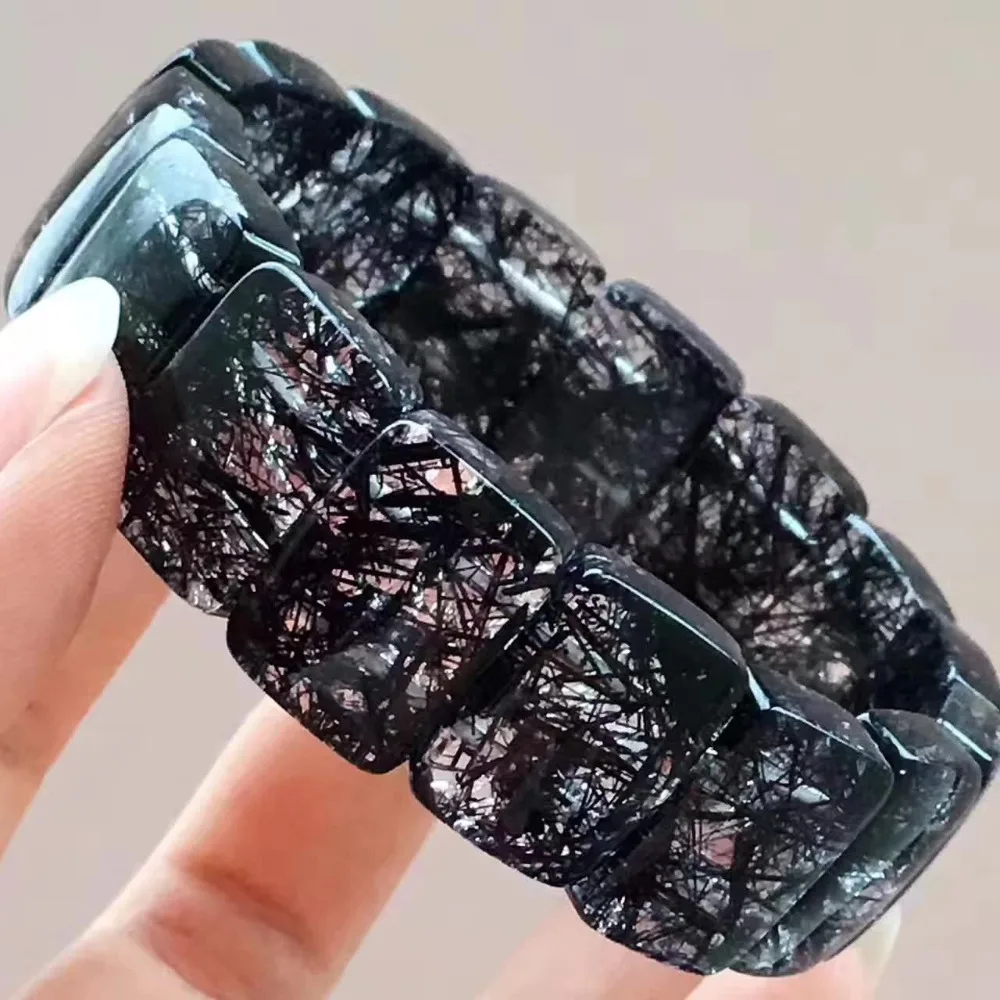 

Genuine Natural Black Rutilated Quartz Clear Rectangle Beads Women Bracelet 18x13mm AAAAA