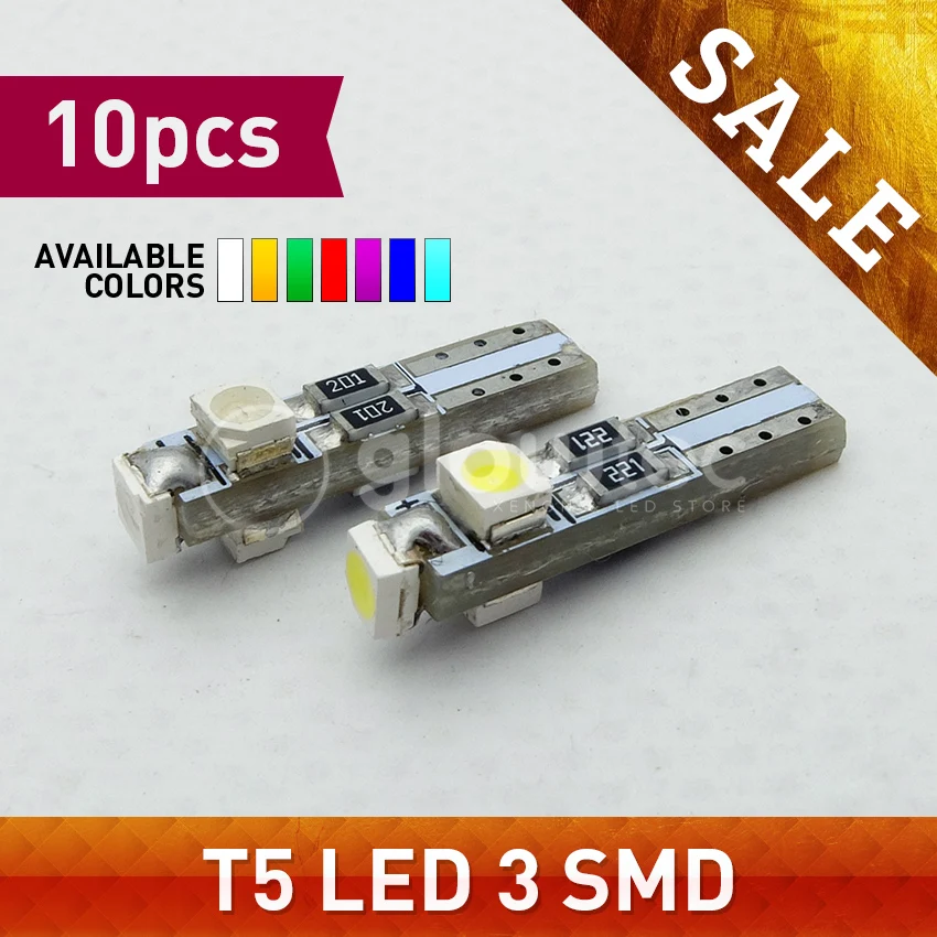 10 шт DC12V автомобиля T5 74 17 0,5 W 3SMD 1210/3528 3 smd Canbus ОШИБОК светодиодный свет лампы 7-Цвета glowtec