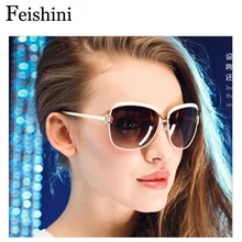  FEISHINI 2022 White High Quality Fashion Driving Oculos De Sol Feminino Big Frame Metal Vintage Sunglasses Women Polarized Brand 