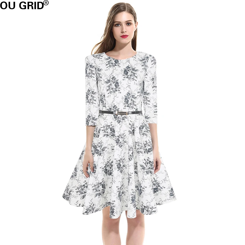 

Women Autumn Floral Print Dress 2016 Plus Size Clothing Floral Robe Retro Big Swing Casual 50s Vintage Dresses Vestidos