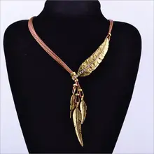 New Fashion Bohemian Style Bronze Rope Chain Feather Pattern Pendant Necklace Gold Silver Free Shipping