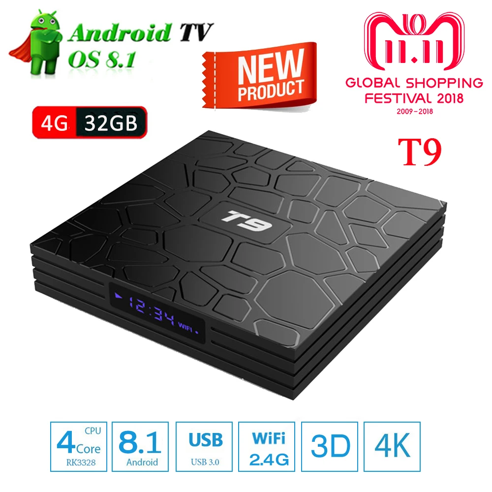 

T9 Android 8.1 Smart TV BOX 4GB RAM 32GB ROM RK3328 Quad Core Set-top Box Bluetooth 4.1 USB 3.0 H.265 4K HD WIFI Media Player