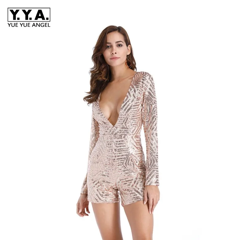 European Style Slim Ladies Short Jumpsuit Sexy Sequins
