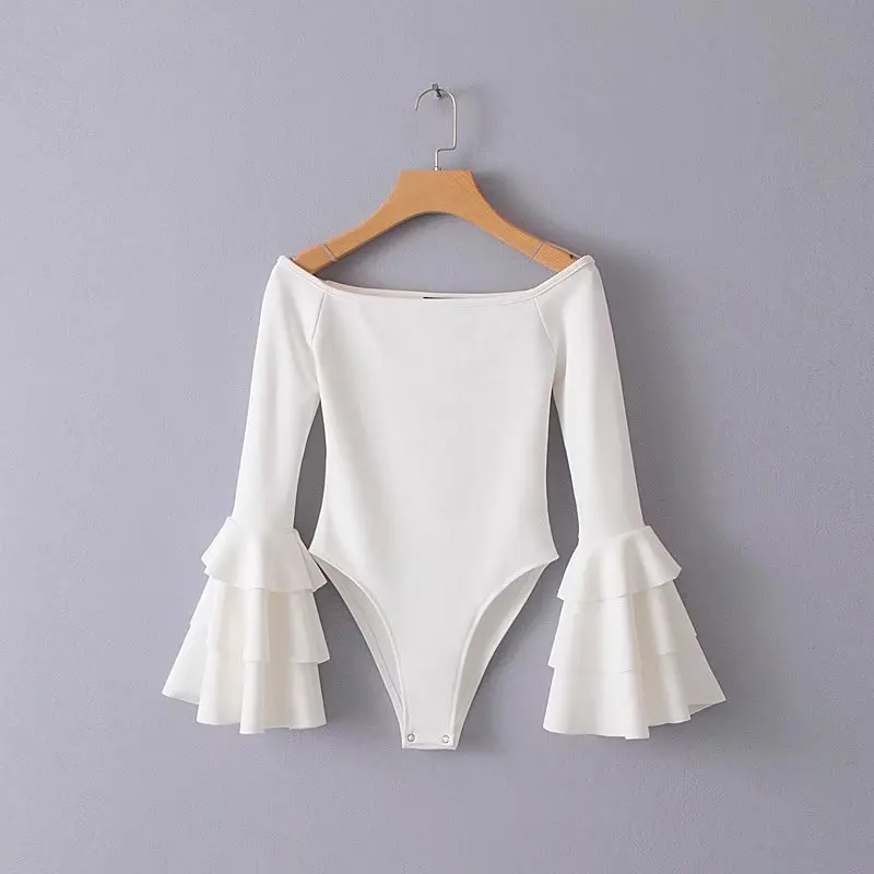 2018 Весна Новая Леди Slash neck комбинезон футболка lotus leaf рукава Длинные тонкий