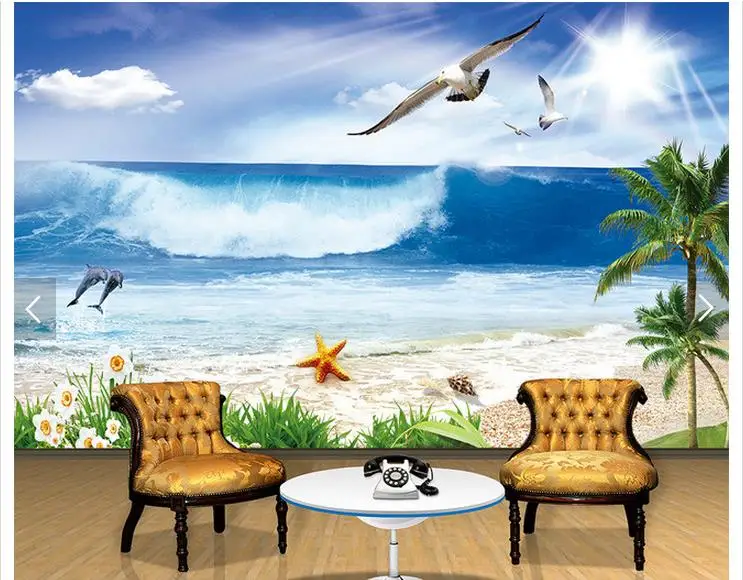 

Customized 3d photo wallpaper 3d wall murals wallpaper sea coconut palm beach dolphins gull landscape paintings room decoration