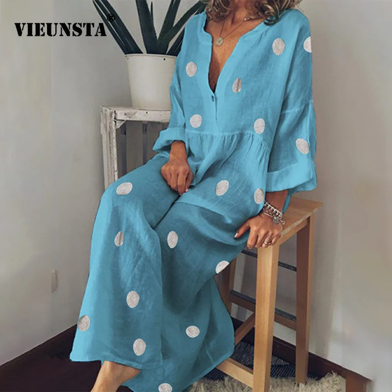 

VIEUNSTA Women Polka Dot Cotton Linen Dress Autumn Print Long Sleeve Boho Dress Sexy V Neck Maxi Party Dress Plus Size Vestidos
