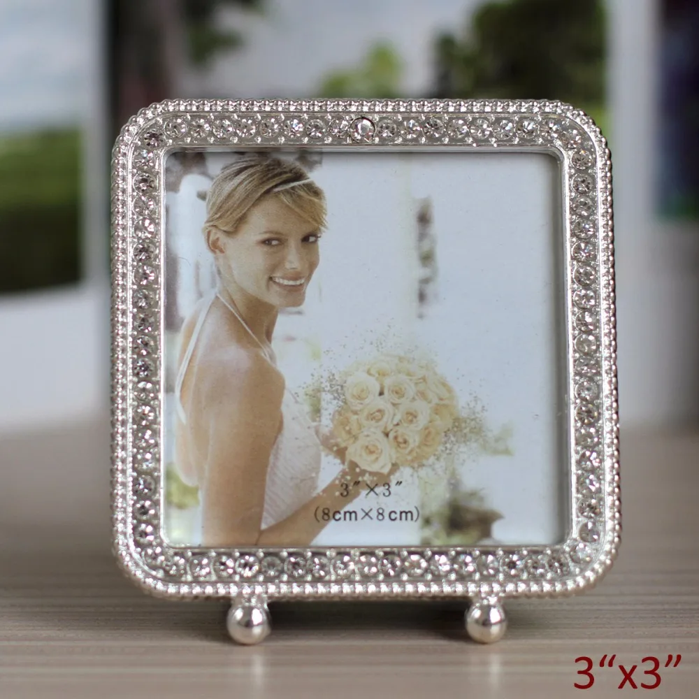 

Mini Square Shaped Silver Plating with Clear Rhinestones Jeweled Footed Metal Tabletop Photo Frame 3x3 inches