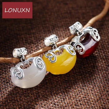 

925 sterling silver fish flowers necklace retro natural stone girls yellow white agate red garnet lock shape pendant with chain