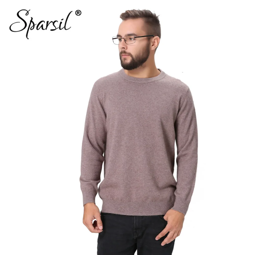 

Sparsil Men Autumn Thick Pure Cashmere Sweater with Deer Suede Warm Soft Knitted Pullovers Winter O-Neck Anti-Pilling Sweater