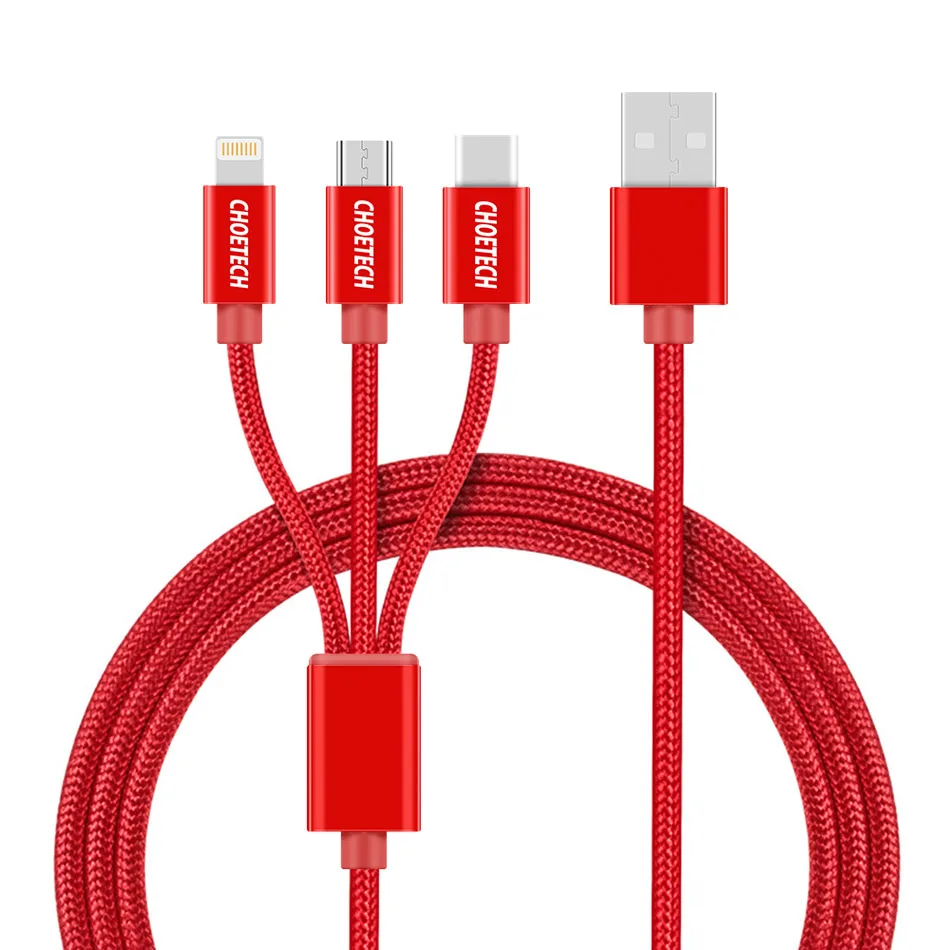 CHOETECH 3 в 1 Кабели для мобильных телефонов для iPhone 8/8 Plus нейлоновый Кабель Micro-USB в оплетке type C для samsung S8 S9 кабели для зарядки - Цвет: Красный