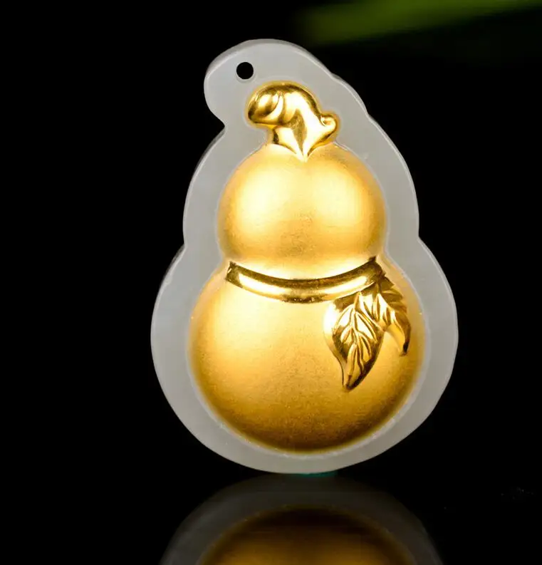 

Natural White HeTian Yu + Full Gold Inlaid Carved Cucurbit Style Lucky Pendant Necklace + Certificate Fashion Jewelry