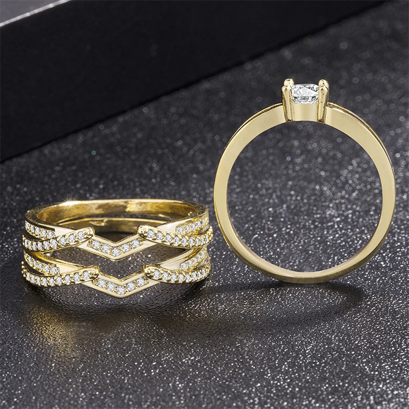 

14k Rose Gold Three Diamond Rings Set for Women Men Anillos De Gemstone Bizuteria 14k Gold Peridot Diamond Wedding Ring jewelry