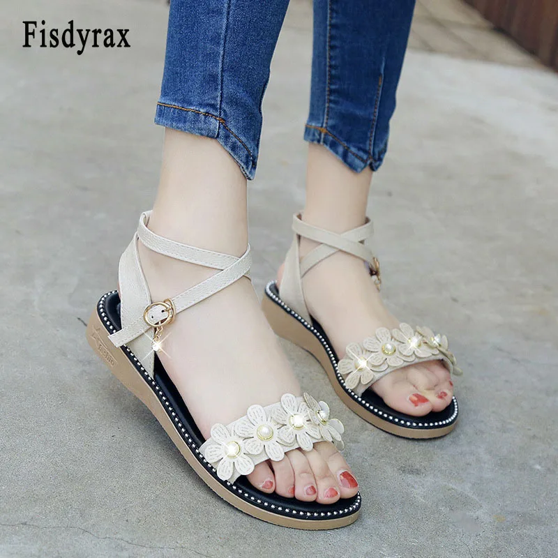 Fisdyrax 2018 Elegant Women Flats Sandals Beading Flower Open Toe Flats