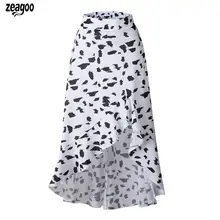 Женская Повседневная печать асимметричный подол оборки белый, черный высокая Талия Подол Средний подол, летняя удлиненная юбка