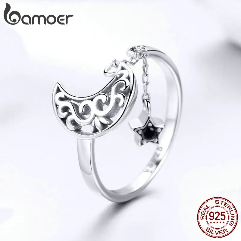 BAMOER Genuine 925 Sterling Silver Moon And Star Long Chain Star Adjustable Finger Ring for Women Sterling Silver Jewelry SCR479